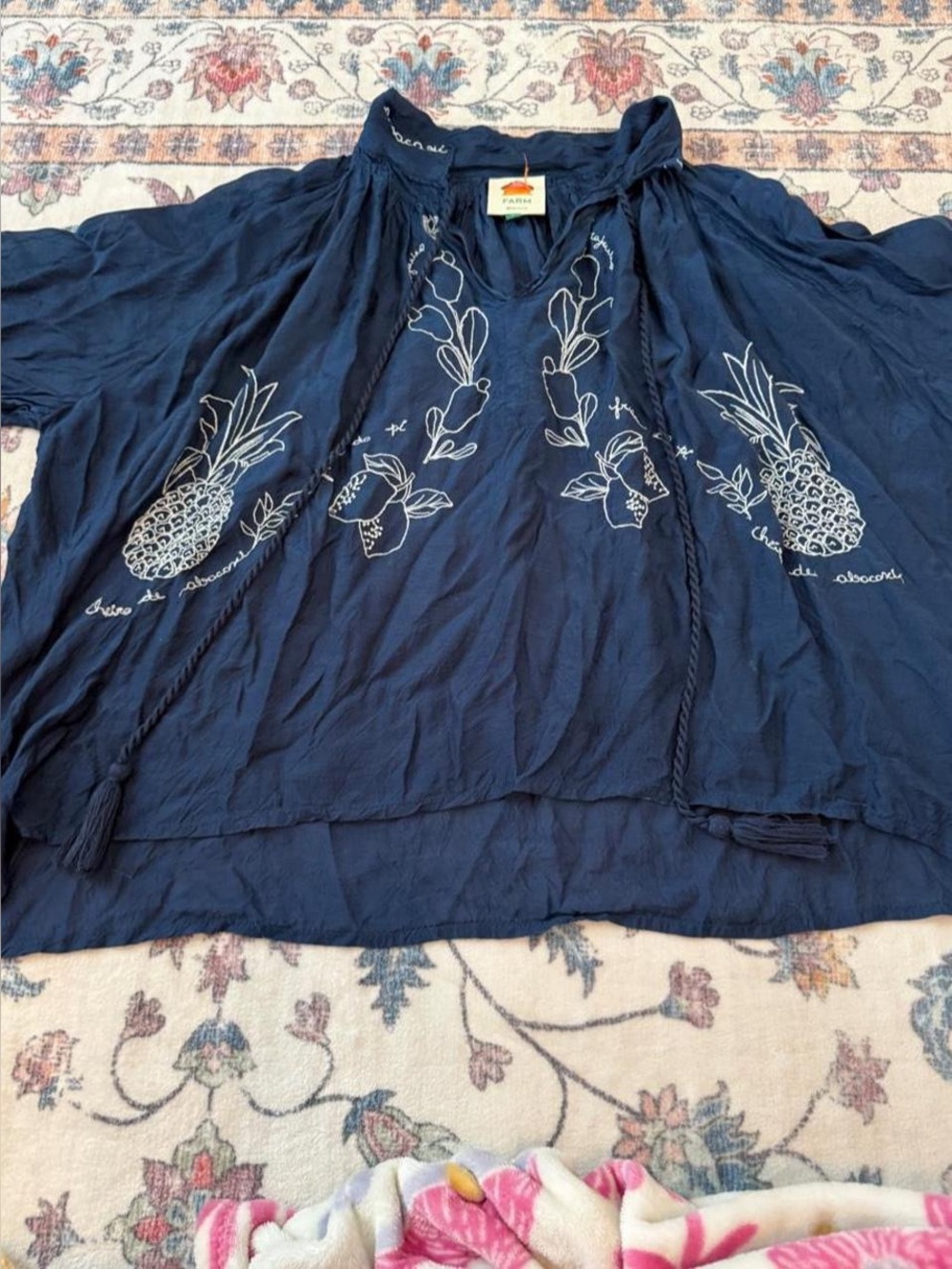 Farm Rio Navy Peasant Top with White Pineapple Embroidery